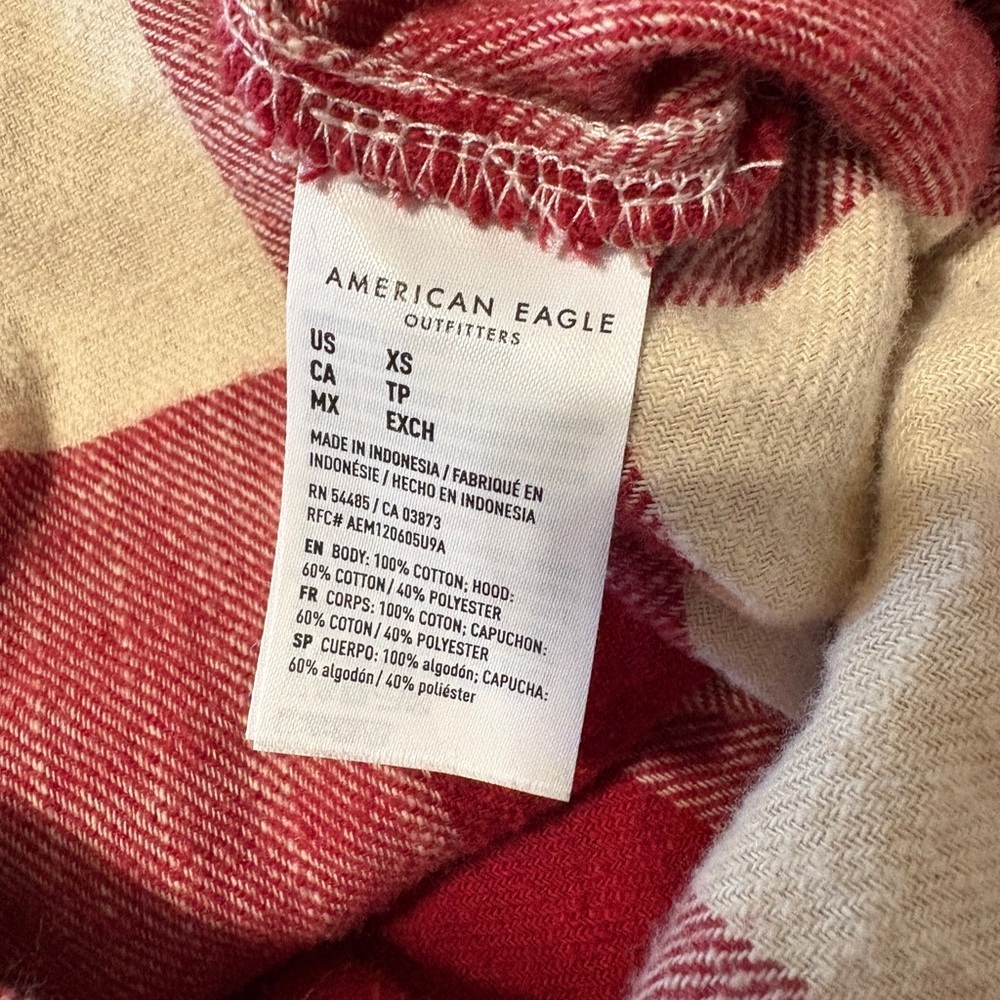 American Eagle Red White Plaid Hooded Button Down Shirt XS Cotton Check Flannel - Picture 6 of 6